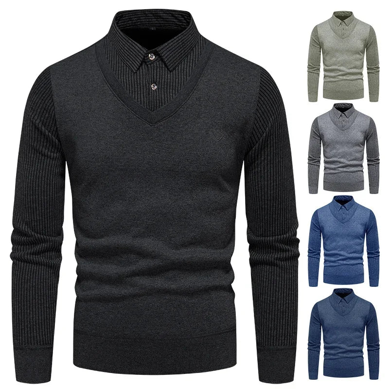 All Season Male Fake Two Piece Long Sleeve Top V Neck Fake Waistcoat Stripe Detail Lapel Collar Embroidered Decor