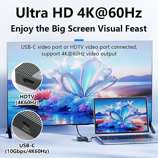 ស្ថានីយ៍ចត USB C 6-in-1 Blueendless 4K60Hz HDTV Gigabit Ethernet PD100W 10Gbps USB3.2 ប្រភេទ C Hub អាដាប់ទ័រសម្រាប់កុំព្យូទ័រយួរដៃ MacBook