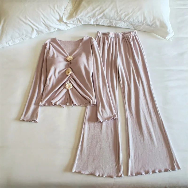 Warm Winter Nightwear Sexy V Neck Chest Pad Top Pant Suit Island Velvet Pajama Set Woman Korean Sleepwear For Sleeping Home