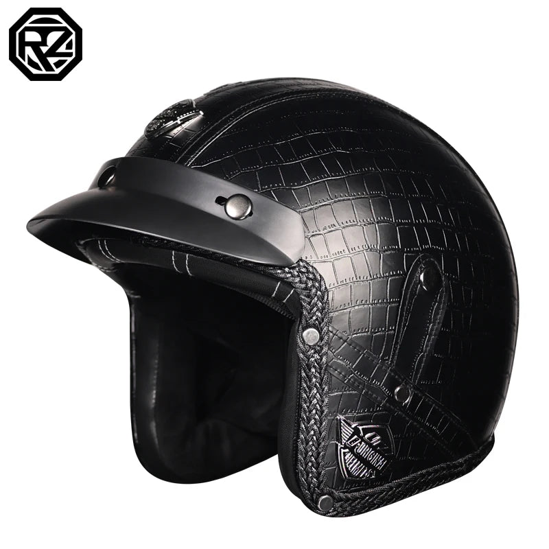PU leather retro coffee shop racing 3/4 jet exposed motorcycle helmet, adult men's and women's cruiser scooter half helmet
