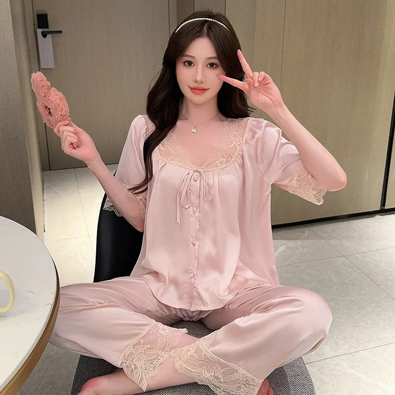 Silk Pajama Set Short Sleeve Long Pants 2 Piece Loungewear Home Clothes Sleepwear Pijama Summer Suit Loungewear Set for Women