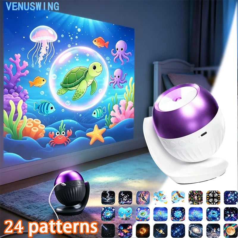 ភ្លើងពេលយប់ Projector ផ្កាយសមុទ្រ Galaxy បង្វិលដោយស្វ័យប្រវត្តិ កម្មវិធីកំណត់ពេលវេលា 24 លំនាំ Projector បង្វិលបាន 360° LED Projector ចង្កៀងសម្រាប់អំណោយកុមារ