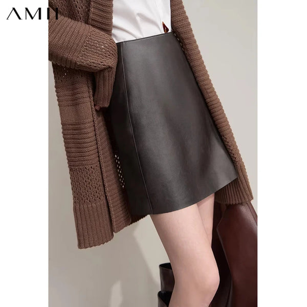 AMII Mini Skirt 2026 Autumn New Modern Retro Clothing Ladies Solid Versatile A-shaped PU Leather Short Skirts For Woman 12513022