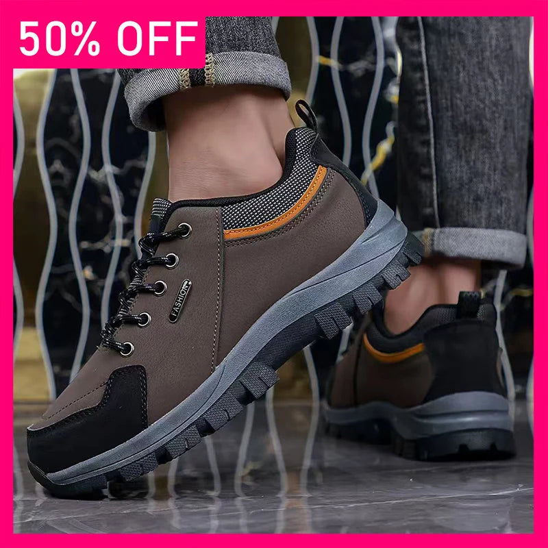 Mens Hiking Shoes New Durable Premium Leather Low-Top Lace-Up Anti-Slip Rubber Sole Versatile Outdoor Hiking Casual Sports Shoes