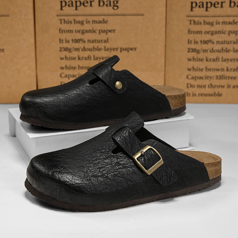Comfort Cork Leather Slippers for Unisex Men Women Slip on Half Shoes Sandals Closed Toe Backless Health Footbed Slides Fashion