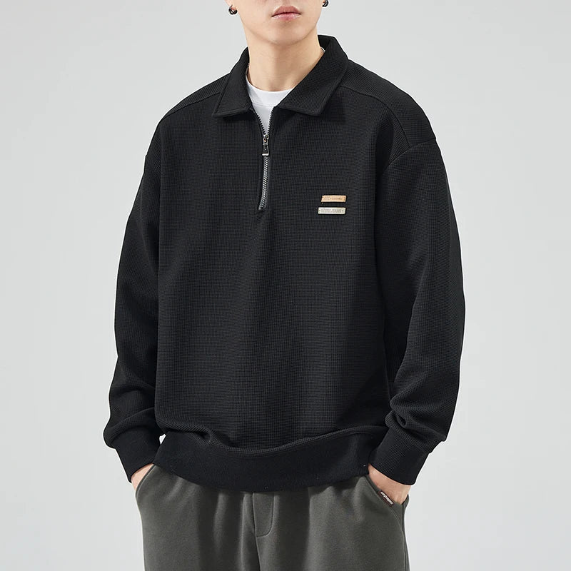 DUKEEN Heavyweight Waffle Knit Quarter-Zip Polo Sweatshirt for Men 2025 Spring Fall New Casual Loose Fit Long Sleeve Pullover