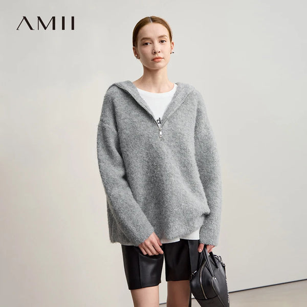 AMII Hooded Women's Sweater 2026 Winter New Shoulder Sleeve Zipper Loose Sweater For Woman Casual Knitted Pullover Top 12554064