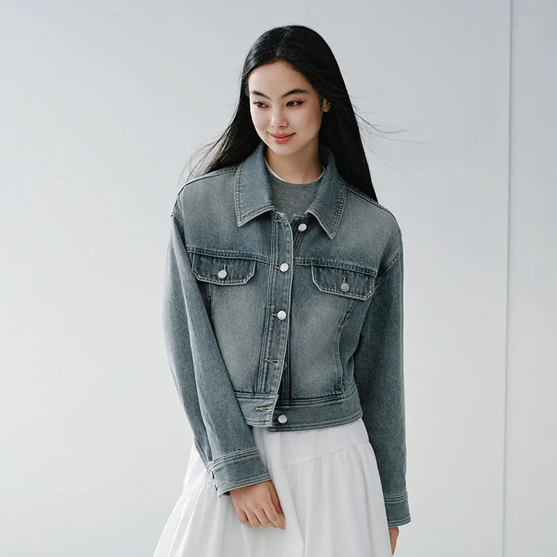 Semir Vintage Jacket Women 2026 Spring Short Lapel Drop Shoulder Loose Distressed Cargo Streetwear Stylish Outerwear