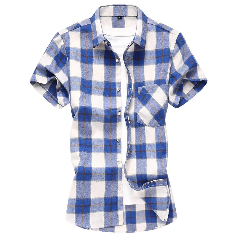 Men Red Striped Plaid Short-sleeved Shirt, Single-breasted Square Collar Cotton Shirts Summer Fashion Casual Camisa Men Chemise