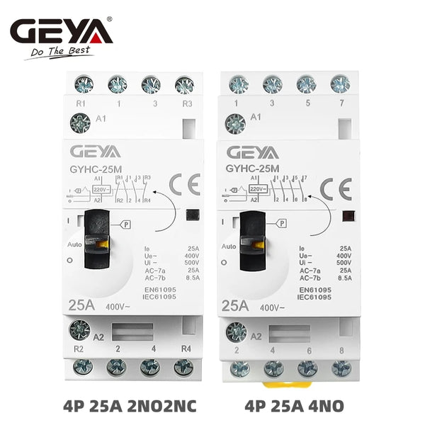 កុងតាក់ AC បញ្ជាដោយដៃ GEYA 2P 4P 25A 63A 220V/230V 50/60Hz Din Rail សម្រាប់ប្រើប្រាស់ក្នុងផ្ទះ កុងតាក់ AC ម៉ូឌុល 2NO 2NC 4NO