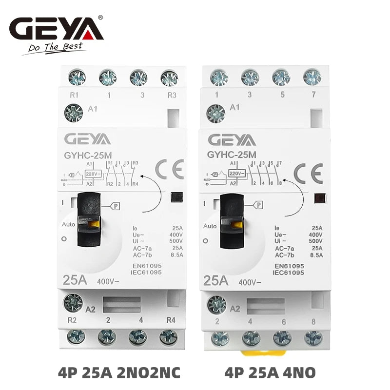 កុងតាក់ AC បញ្ជាដោយដៃ GEYA 2P 4P 25A 63A 220V/230V 50/60Hz Din Rail សម្រាប់ប្រើប្រាស់ក្នុងផ្ទះ កុងតាក់ AC ម៉ូឌុល 2NO 2NC 4NO