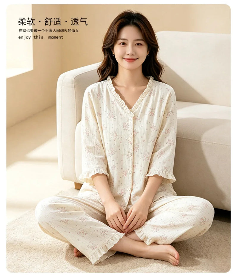 Floral Sleepwear 100% Cotton Women's Pajamas 2 Piece Sets V-neck Button Down Trousers Lounge Wear Spring Autumn Soft Nightwear