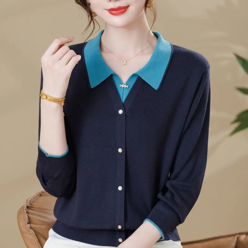 Fake Two Piece Sweater For Women Lapel Long Sleeve Tops Spring Autumn Knitwear Jumper Basic Wear Pullover Mother Clothing