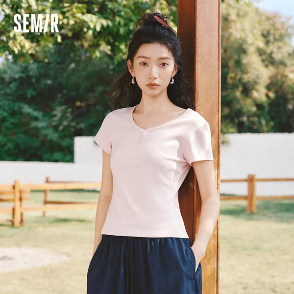 អាវយឺត Semir សម្រាប់នារី ក V រាងពាក់កណ្តាលស្លីម ពណ៌សុទ្ធ ត្រង់ស្មា រដូវក្តៅ 2026 អាវក្រៅទន់