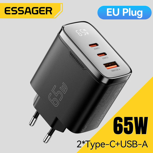 ឆ្នាំងសាក Essager 65W GaN USB Type C អេក្រង់ឌីជីថល QC 4.0 PD 3.2 PPS 45W សាកលឿនសម្រាប់ Samsung Huawei IPhone17 កុំព្យូទ័រយួរដៃ MacBook