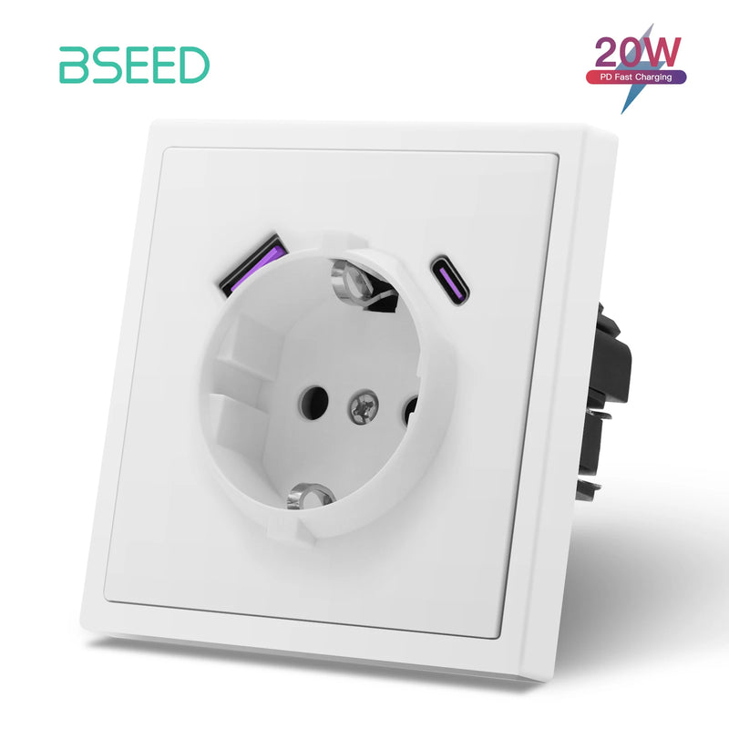 BSEED EU Standard Single Wall Socket 20W Fast Charge USB Type-C Charge Port Double Wall Power Outlets Plastic Frame 16A