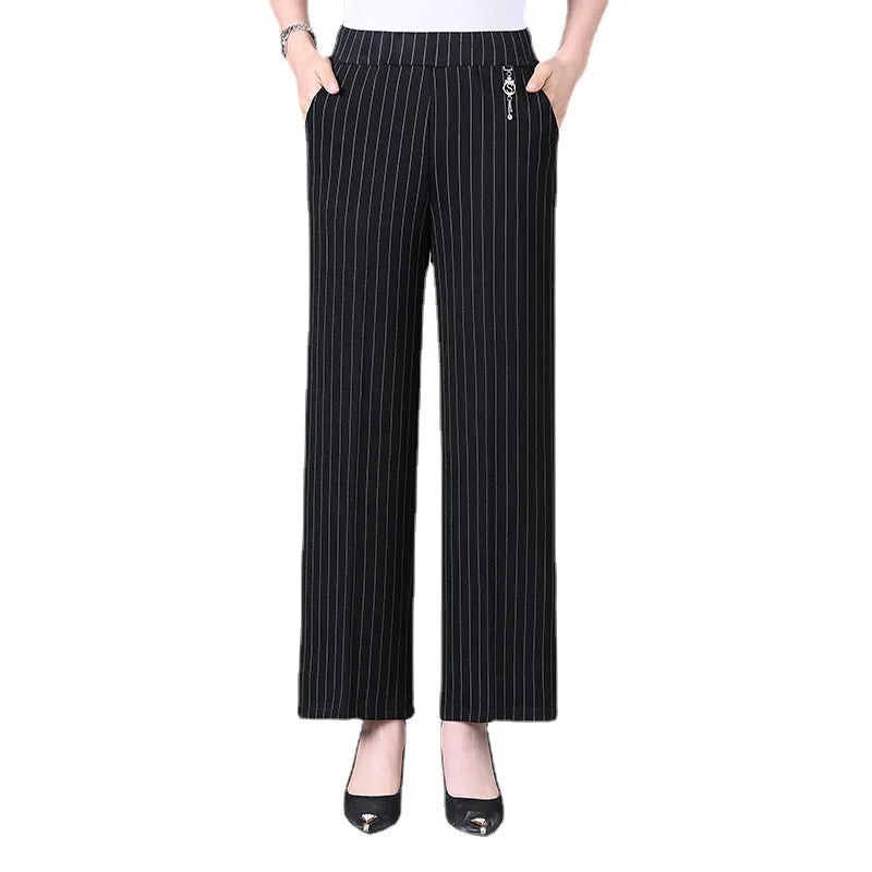 Women's High-waisted Wide-leg Pants for Spring and Fall—stylish, Casual Striped Trousers.