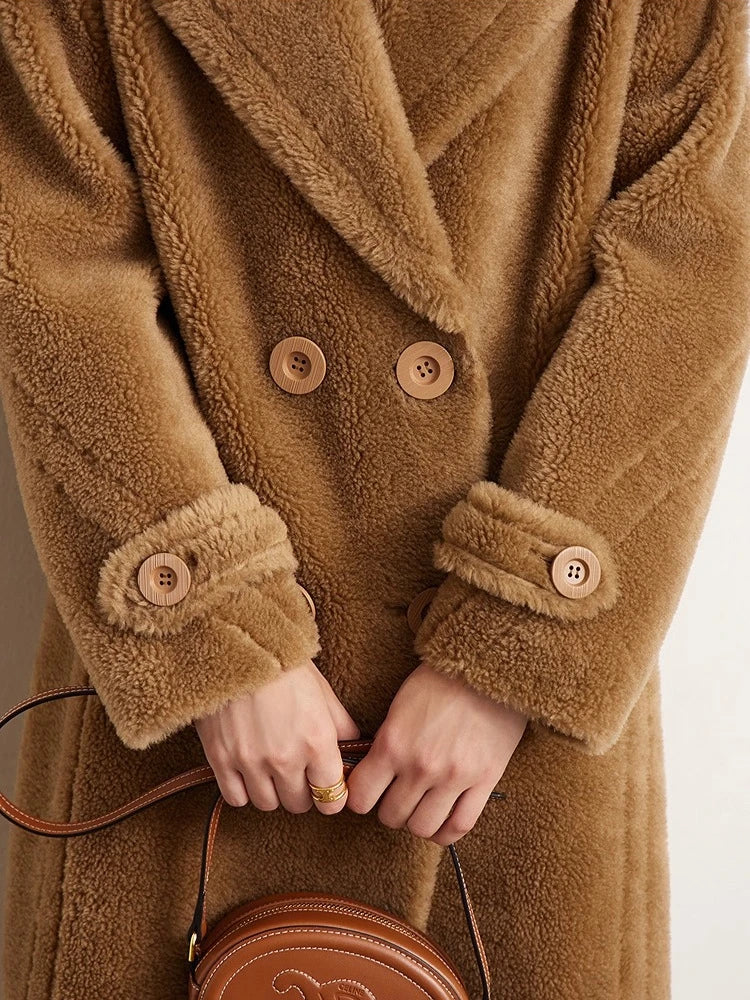 Amii Fur Coat 2026 Winter New Warm Office Lady Turn-Down Collar Full Wool Outerwears Straight Double-breasted Coat 12554013