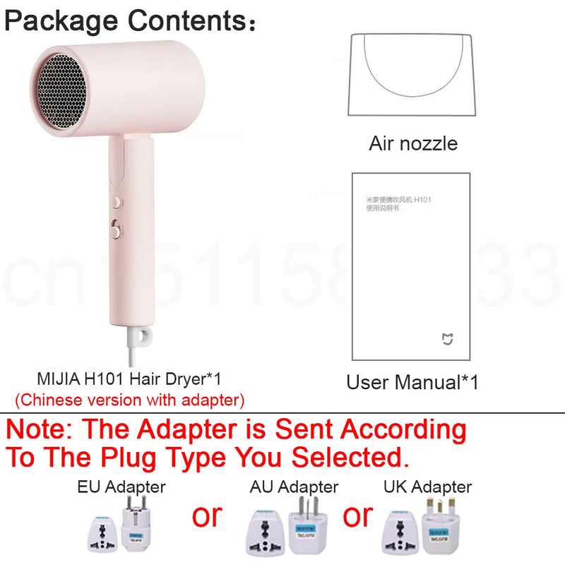 MIJIA H101 Portable Hair Dryer,Foldable,15m/s,50 Million Negative Ions Dryers,4 Modes,1600W,220V CN Version With Adapter