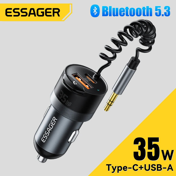 Essager Bluetooth 5.3 Car Charger 3.5mm AUX Adapter PD35W QC30W Car Fast Charger for iPhone 16 15 Pro Huawei Xiaomi Samsung iPad