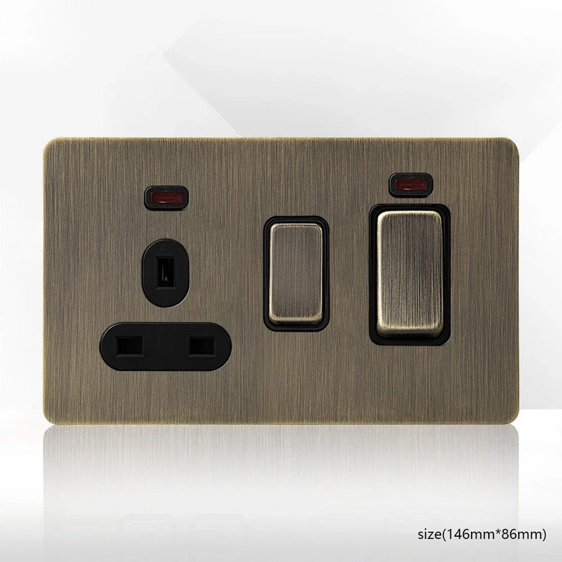 Retro EU FR Metal Panel Wall Toggle Light Switch Socket plug,Bronzed Antique Stainless Steel German 16A Socket with USB Charging