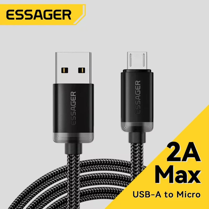ខ្សែសាក Essager Micro USB 2A ខ្សែសាកលឿនសម្រាប់ Xiaomi Realme Redmi Samsung Huawei ទូរស័ព្ទចល័ត USB Data Charger Wire 3M