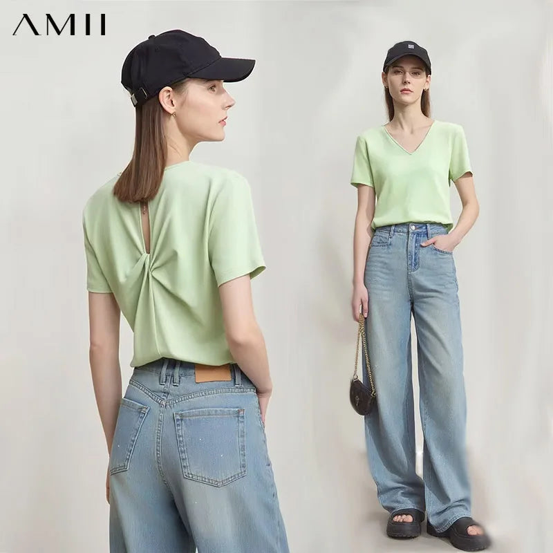 អាវយឺត Amii សម្រាប់នារី រដូវក្តៅ ឆ្នាំ២០២៦ អាវយឺតកប្បាសដៃខ្លីថ្មី ក V រមួល ម៉ូដទាន់សម័យ អាវប៉ាក់ចម្រុះពណ៌ សម្រាប់នារី 12622107