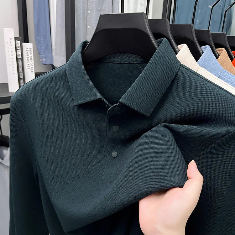 Men's Premium Long Sleeve Polo Shirt - Mercerized Pique Cotton, Seamless Collar and Cuff Design (12 Colors Available)