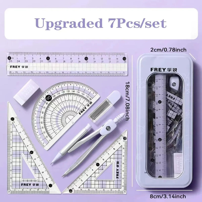 7 PCS Compass and Ruler Sets Triangle Ruler Protractor Rubber Student Exam Specific Ruler Box Set Ruler Set School Starts