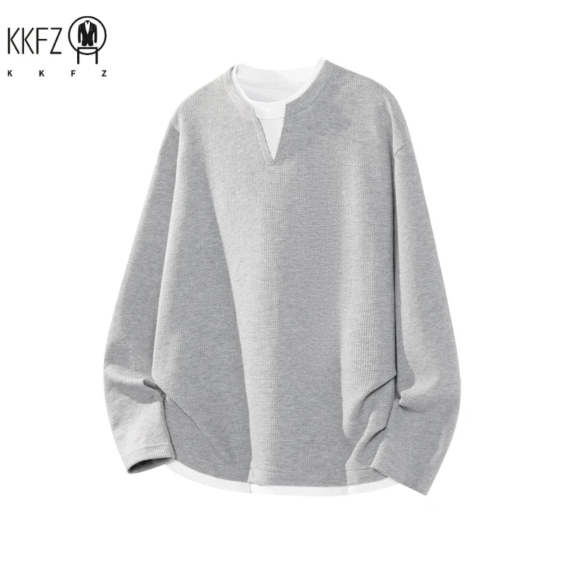 Mens Relaxed Fit Waffle Knit Shirt Long Sleeve Notch Neck Fake Layer Hem Trendy Urban Daily Fashion Outer Top