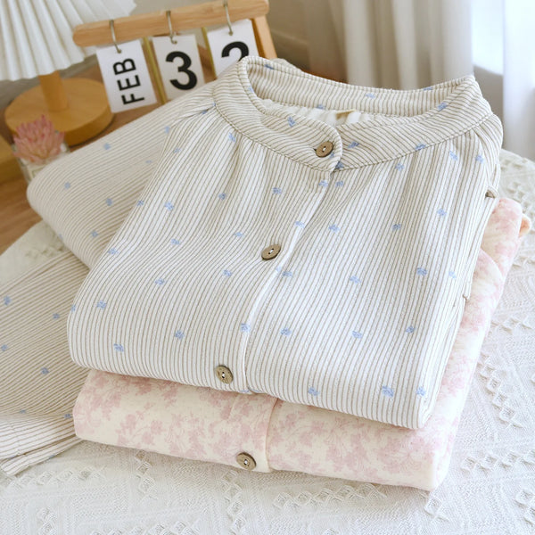 100% Cotton Double Gauze Pajama Set Breathable Muslin Sleepwear For Women Loungewear Thicken Autumn Winter Pijama Women Suit