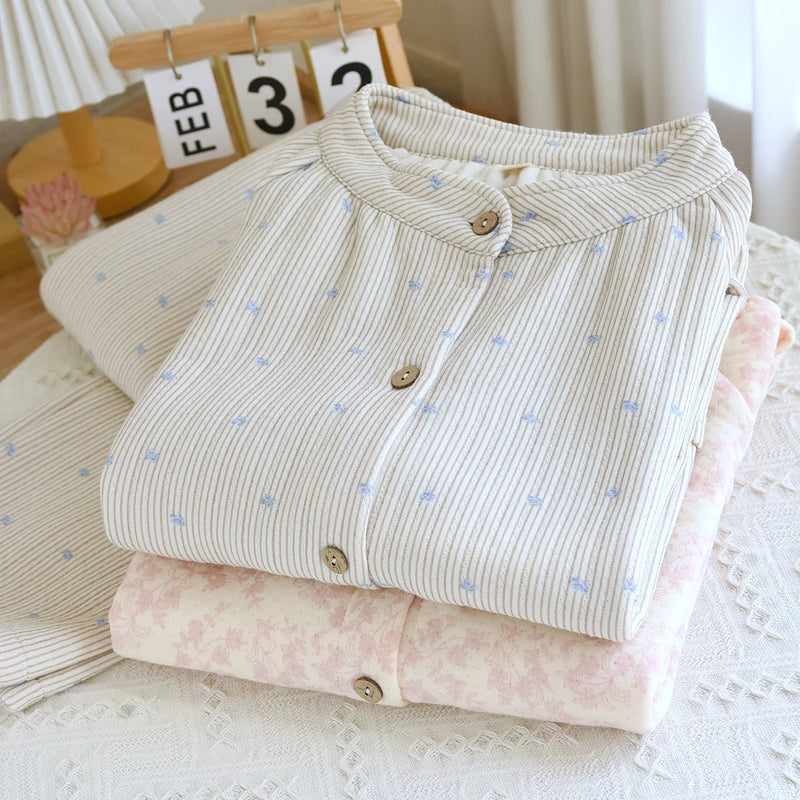 100% Cotton Double Gauze Pajama Set Breathable Muslin Sleepwear For Women Loungewear Thicken Autumn Winter Pijama Women Suit
