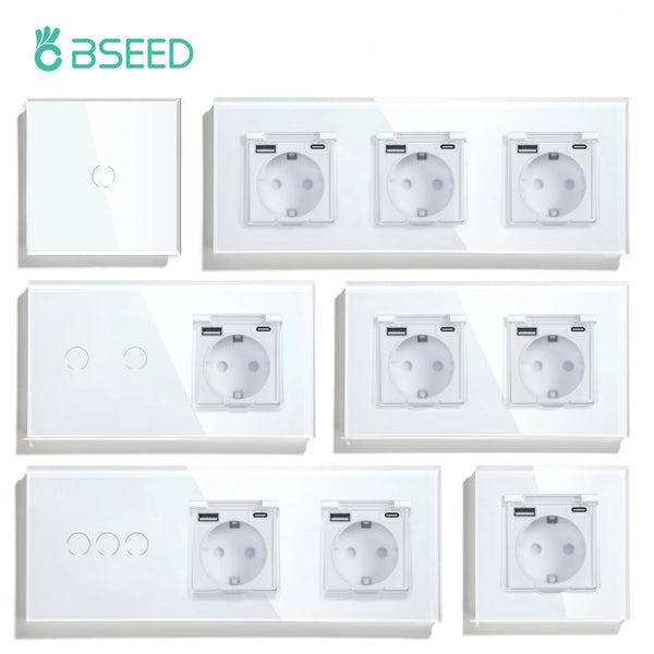 BSEED Touch Light Switch 1/2/3Gang 1Way EU Socket With Cover Glass Panel 300W Power Led Switches Waterproof USB Type-C Socket
