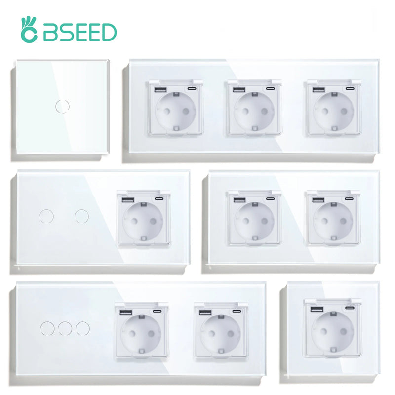 BSEED Touch Light Switch 1/2/3Gang 1Way EU Socket With Cover Glass Panel 300W Power Led Switches Waterproof USB Type-C Socket