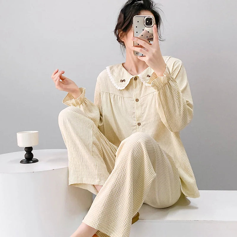 Autumn Sleepwear Plaid Print Pyjama Set 2 Pieces Loungewear Women Suit Long Sleeve Top with Elastic Pants Women's Nightwear