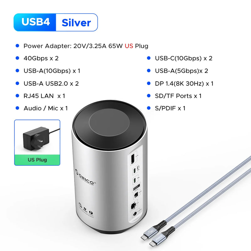 ORICO USB4 Type C Docking Station for MacBook Pro M1 M2 USB 3.0 HUB 8K HDMI-compatible DP RJ45 Audio With Power Adapter