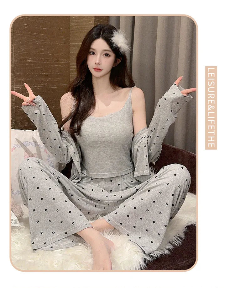 Sexy Chest Pad Modal Pajamas For Women Printed Slim Spring Autumn Home Clothing Korean Three Pieces Set New Pijama Mujer
