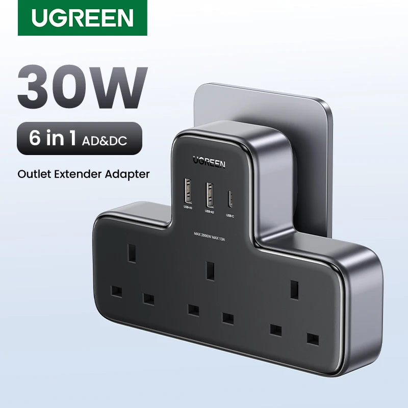 UGREEN UK Plug Power Strip Outlet Extension Adapter For iPhone 17 16 Pro Max Xiaomi Wall Fast Charger AD DC Travel Adapter