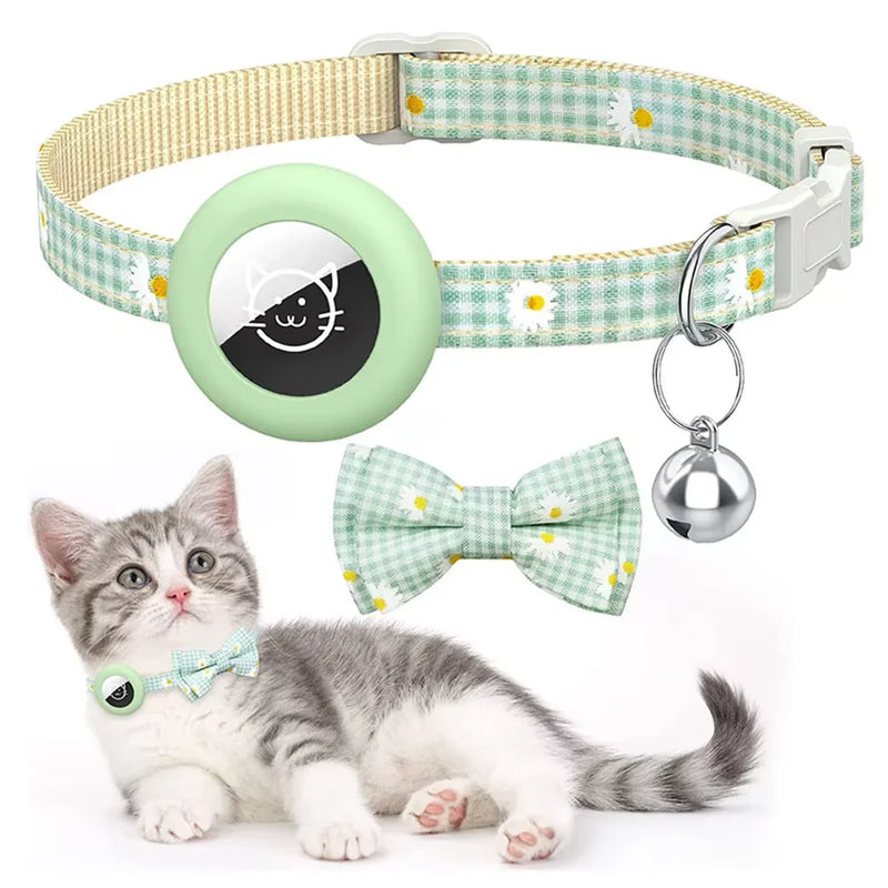 Breakaway Cat AirTag Holder Checkered Printed BowvCollar Adjustable Kitten Cat Collar with Bell Pet Air Tag Case