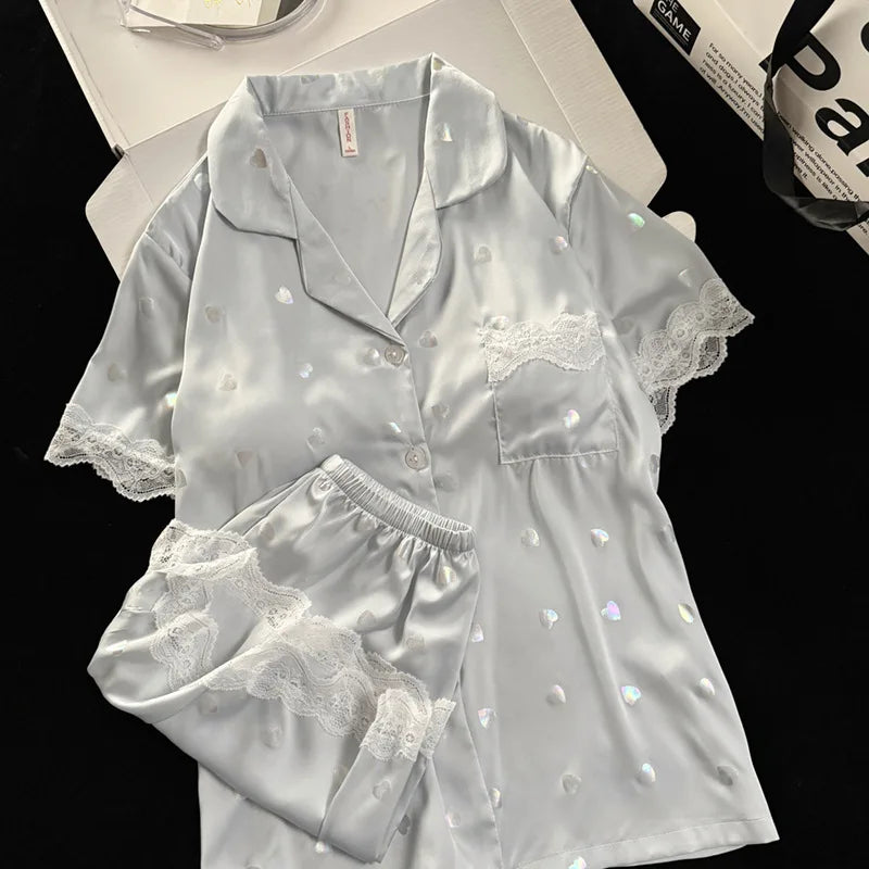 2 Piece Pajamas Set for Women Summer Chest Pads Loungewear Elegant Short Sleeve Button Lapel Collar Top New Women's Sleepwear