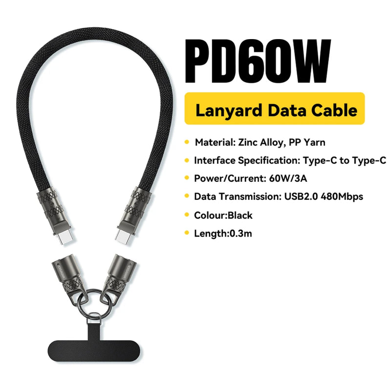 ខ្សែសាកទិន្នន័យ Essager 2 in 1 60W USB-C ទៅ Type-C Lanyard Data Cable 3A PD សាកលឿនសម្រាប់ iPhone 16 15 Samsung Huawei Laptop ខ្សែសាកប្រឆាំងការបាត់