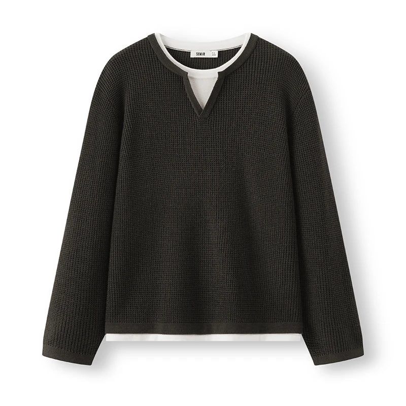 Semir Men Sweater Knit Texture Layered Look Color Block V Neck Layering Essential 2026 Winter Everyday Style Soft Touch