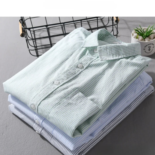 Spring Autumn Simple Striped 100% Cotton Long Sleeve Shirts for Men Clothing Casual Big Pocket Tops FY9920