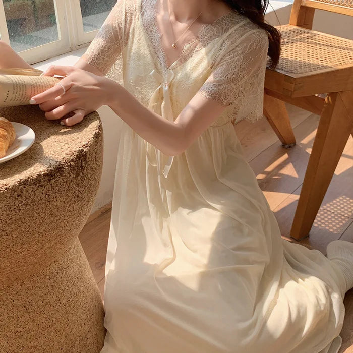 Lace Modal Mesh Summer Night Dress Woman Court Princess Nightdress Loungewear Sleepwear Women's Nightgowns Homewear Nightwear