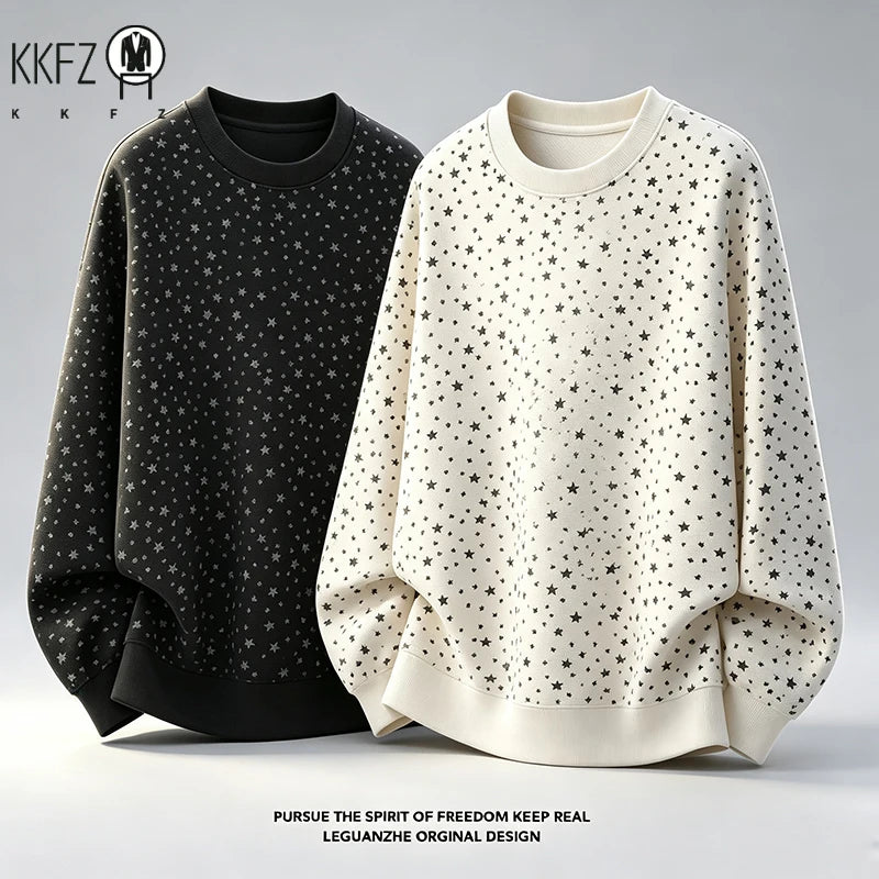 Mens Long Sleeve Crew Neck Star Print Pullover Soft Fleece Relaxed Fit Fabric Casual Street Top For Autumn