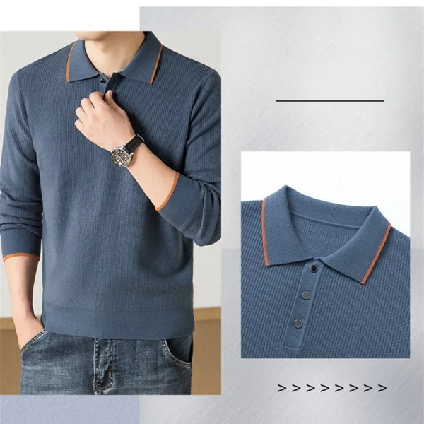 Men's Turn Down Collar T-Shirt, Soft Knit Fabric, Two Color Panel Design, Long Sleeve for Autumn and Winter Wear Polo Sweater
