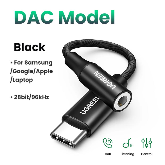 UGREEN USB Type C to 3.5mm Earphone USB C Cable USB C to 3.5 Headphone Adapter Audio Cable For Xiaomi Mi10 HUAWEI P30 Oneplus 9 DAC Model Black 10-12cm CHINA