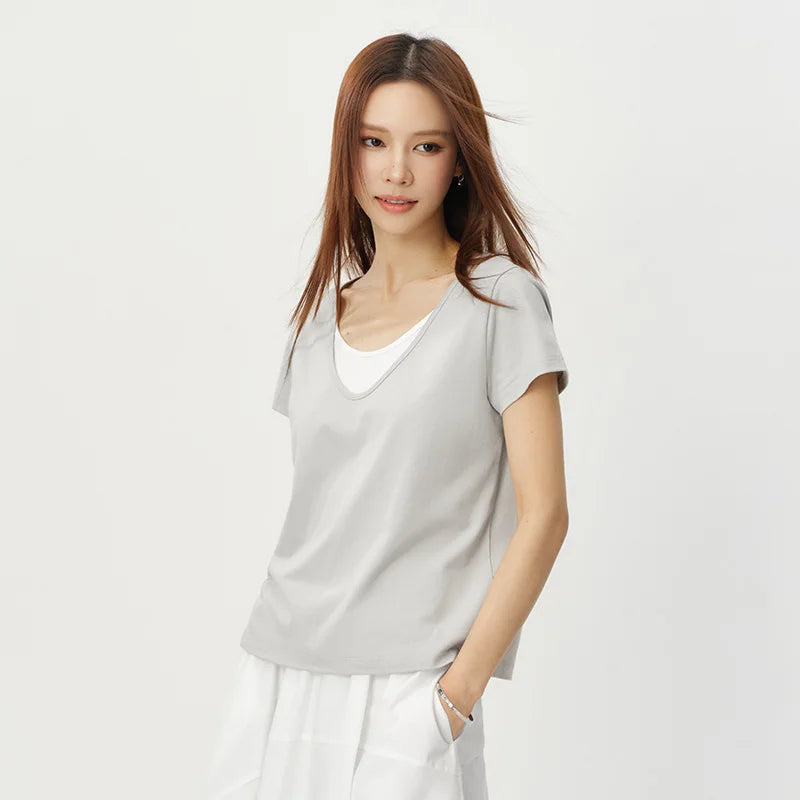 Semir Womens Tshirt 2026 Cotton Linen Fake Two Piece Color Block U Neck Elegant Simple Casual