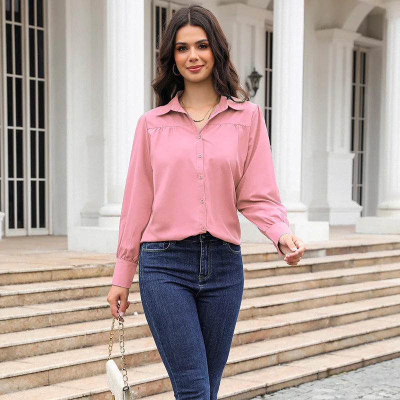 Women's Long-sleeve Collared Shirts for Spring and Fall; Pleated/patchwork-detailed Blouses; Black, White, Green, Blue, Purple.