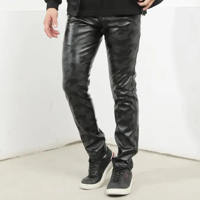 2026 Bright Green Men's Biker Leather Pants, Fashion Slim Stretch PU Pants Red Blue Black Gray Men Pant Plus Size 28-36 38 40